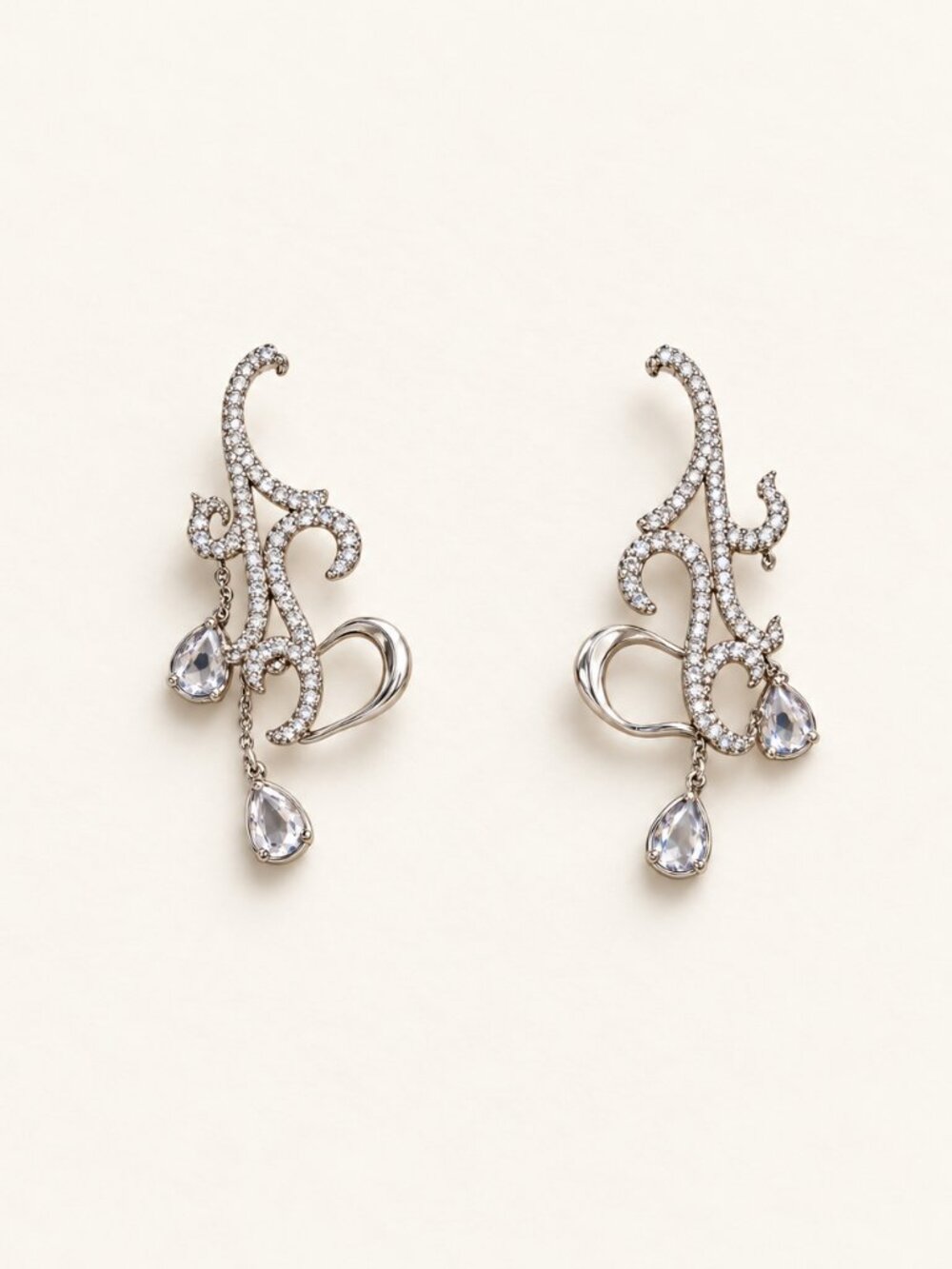nOir Silver Tone Ornate Crystal Vine Ear Cuffs with Teardrops